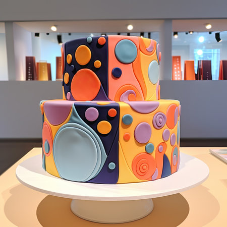 a multi colored cake on a white plateの素材