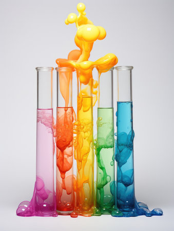 a group of test tubes with different colored liquidsの素材