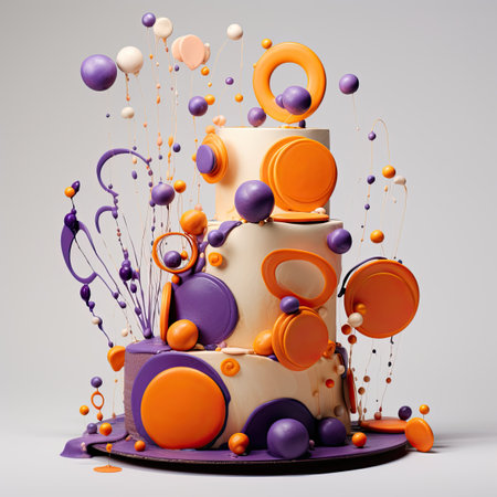 a cake with orange and purple decorationsの素材
