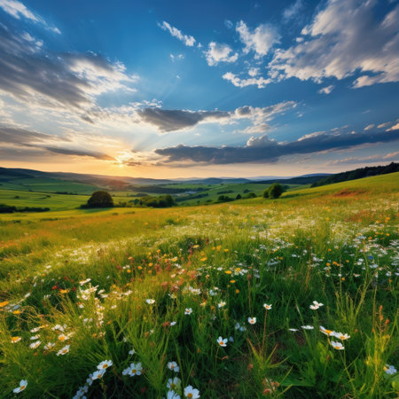 a field of flowers and a sunsetの素材