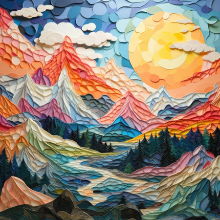 a painting of mountains and treesの素材