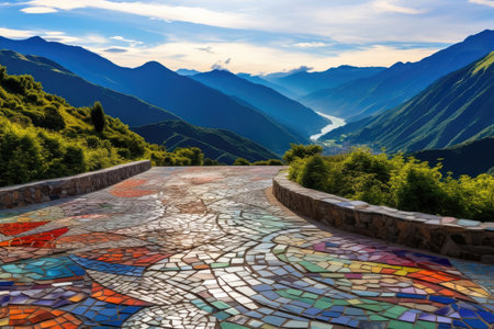 a colorful stone walkway with trees and mountains in the backgroundの素材