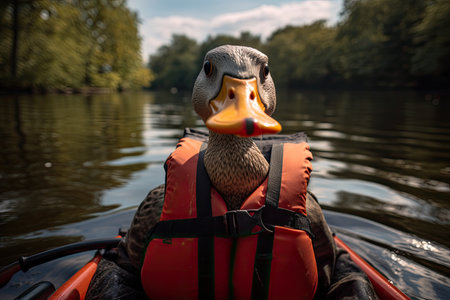 a duck wearing a life jacket on a boatの素材