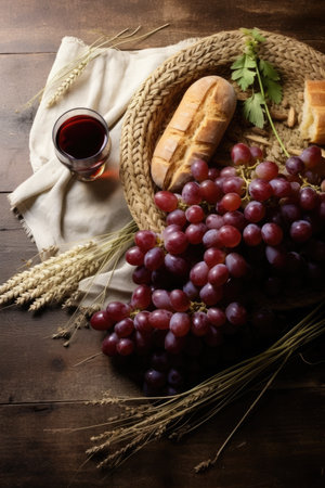 Basket of grapes, bread and glass of wine on wooden backgroundの素材