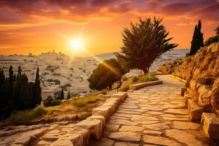 a stone path with trees and a city in the backgroundの素材