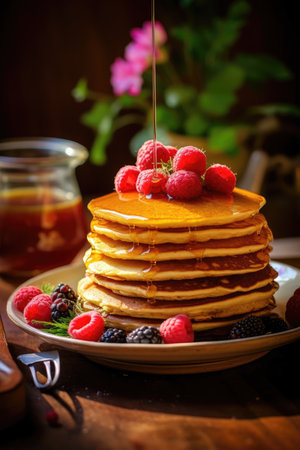 a stack of pancakes with berries and syrupの素材