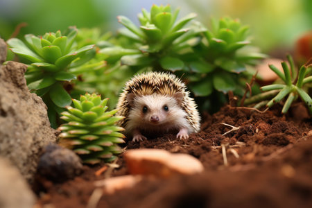 a hedgehog in dirt and plantsの素材