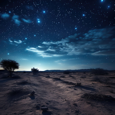 a desert landscape with stars and cloudsの素材