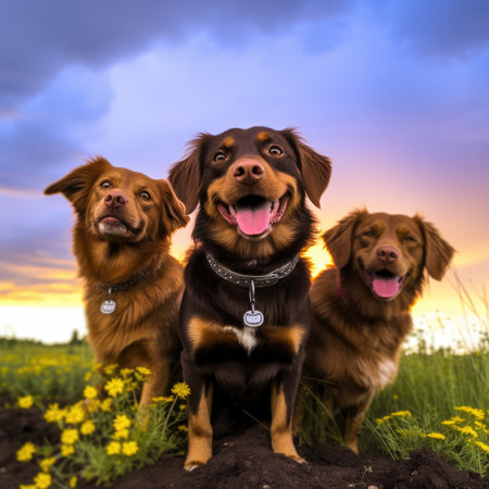 a group of dogs in a fieldの素材