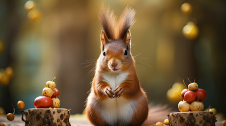 a squirrel standing next to a bowl of fruitの素材