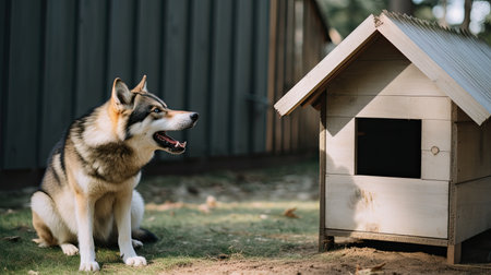 a dog sitting next to a dog houseの素材