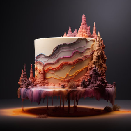 a cake with frosting and treesの素材