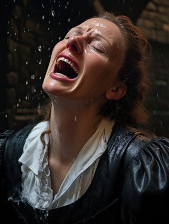 a woman crying in the rainの素材