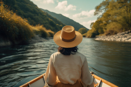 a woman in a boat on a riverの素材