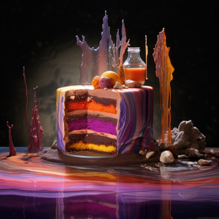 a multicolored cake with a bottle of juiceの素材