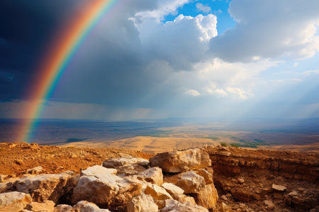 a rainbow over a rocky landscapeの素材