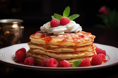 a stack of pancakes with raspberries and whipped creamの素材
