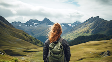 a woman looking at mountainsの素材
