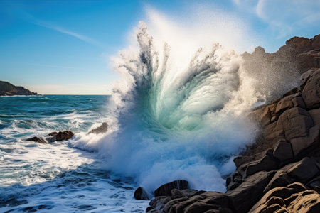 a wave crashing on rocksの素材