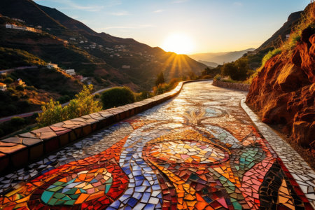 a stone path with colorful mosaic on itの素材