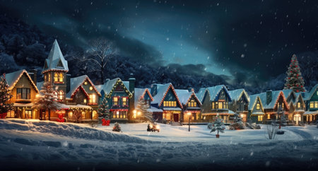 a row of houses with lights and trees in the snowの素材