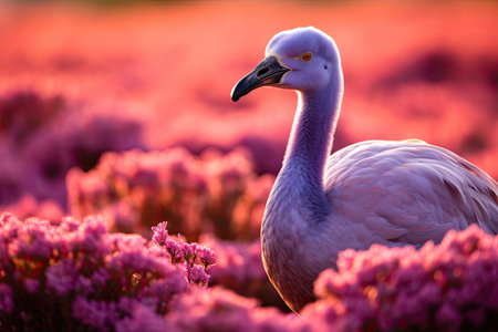 a bird standing in a field of pink flowersの素材