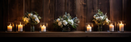 a bouquet of white flowers and two candles on a wooden shelfの素材