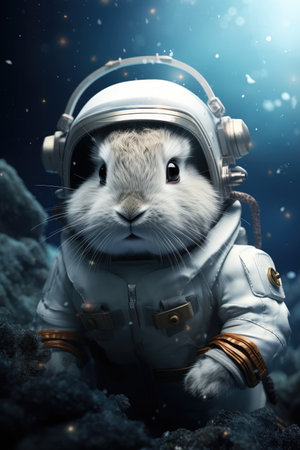 Spaceman rabbit in astronaut suit against space background. 3d rendering.の素材