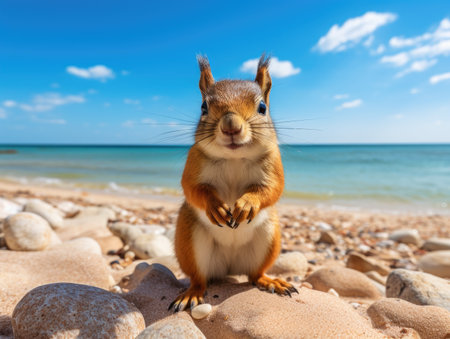a squirrel standing on rocks on a beachの素材