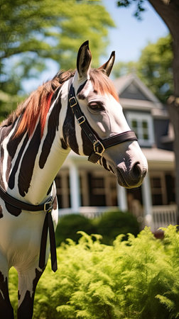 a zebra with a bridle in front of a houseの素材