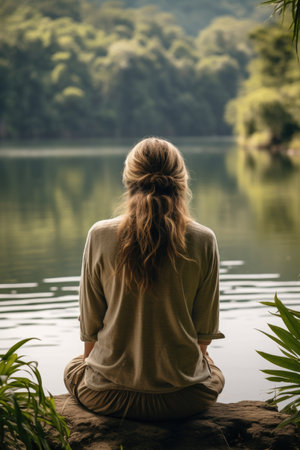 a woman sitting on a rock near waterの素材