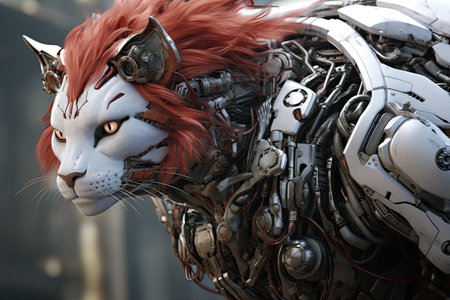 a robot lion with red hairの素材