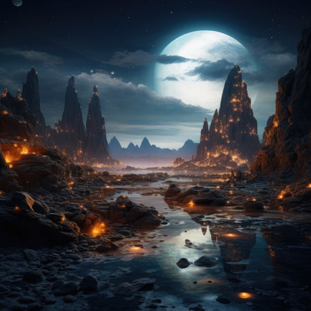 a moon over a rocky landscapeの素材