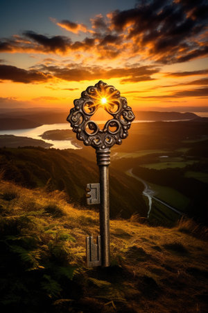 a key on a hill with the sun shining through the skyの素材