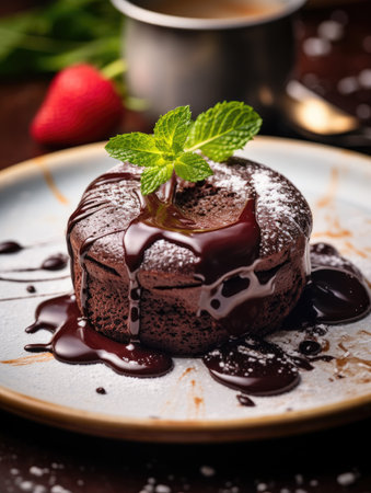 a chocolate cake with a mint leaf on topの素材