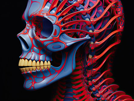 a skull with red and blue veinsの素材
