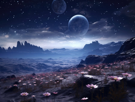 a landscape with flowers and mountains and starsの素材