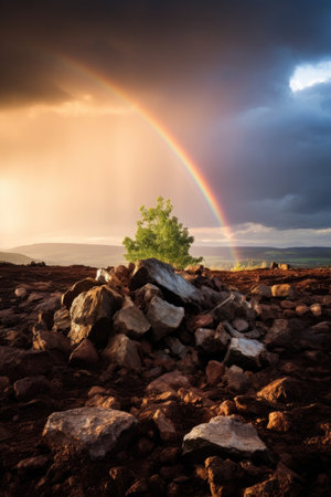 a rainbow over a rocky landscapeの素材