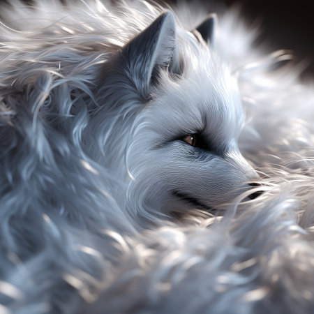 a white furry animal with a black and red eyesの素材