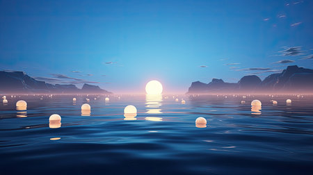 a sunset over water with mountains and cloudsの素材