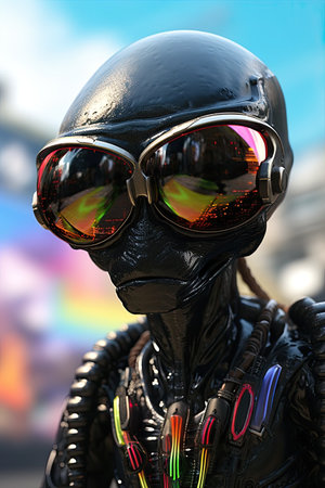a close up of a alien wearing gogglesの素材