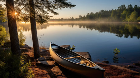 a canoe on a rocky shore by a lakeの素材