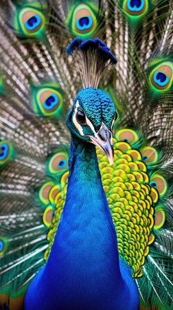 a peacock with its tail feathers spreadの素材