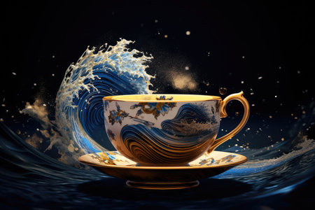 a teacup and saucer with a splash of waterの素材