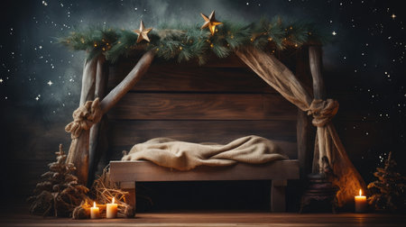 a wooden bed with a blanket and candlesの素材