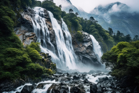 a waterfall with trees and rocksの素材