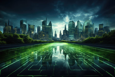 a city skyline with green lightsの素材