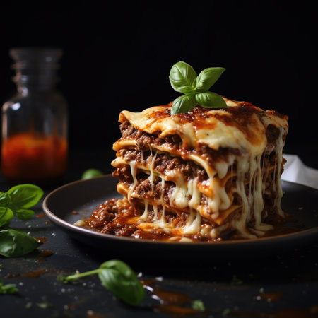 a plate of lasagna with basil leaves and sauceの素材