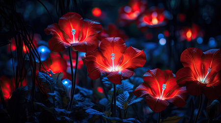 a group of red flowers with glowing lightsの素材