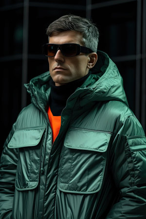 a man wearing sunglasses and a green jacketの素材